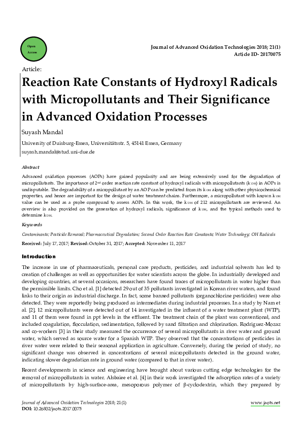 maaya  PDF) Reaction Rate Constants of Hydroxyl Radicals with