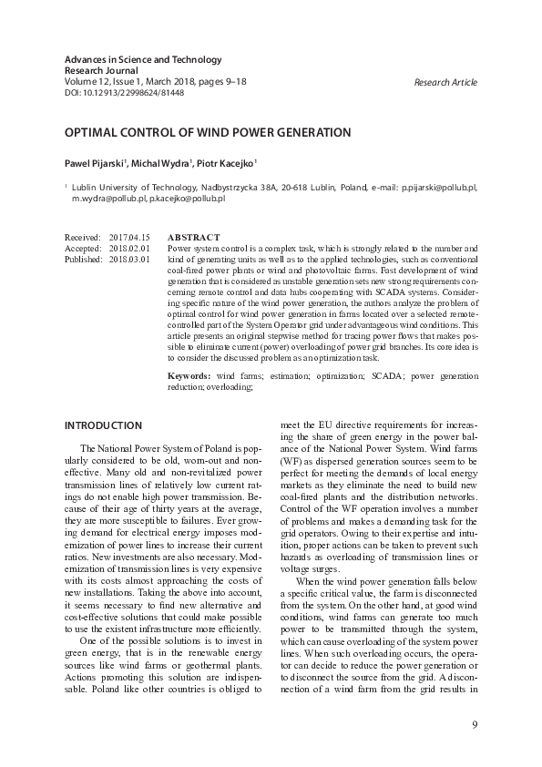 (PDF) Optimal Control of Wind Power Generation