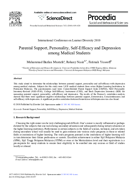 (PDF) Parental Support, Personality, Self-Efficacy and Depression among ...