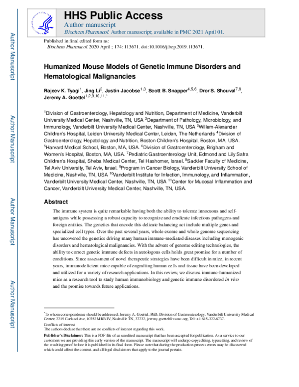 (PDF) Humanized Mouse Models of Genetic Immune Disorders and ...