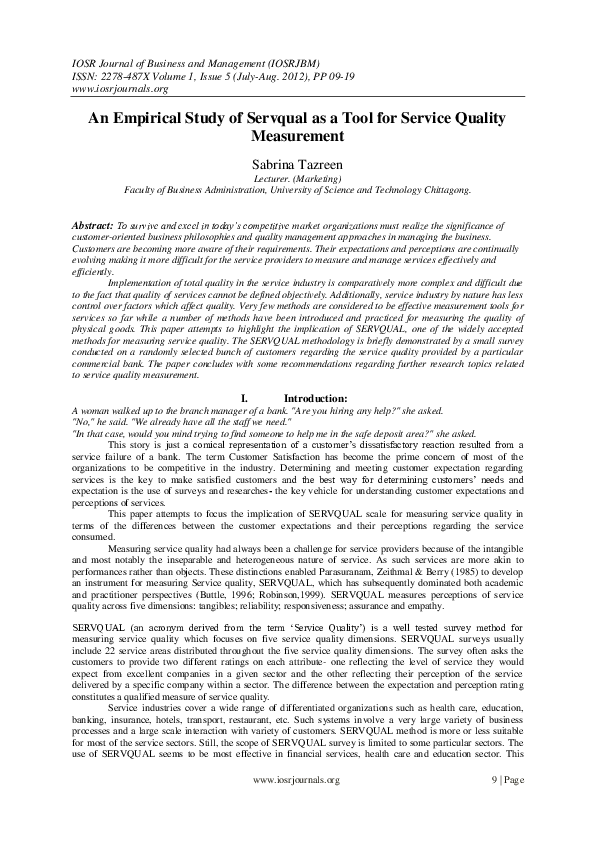 (PDF) An Empirical Study of Servqual as a Tool for Service Quality ...