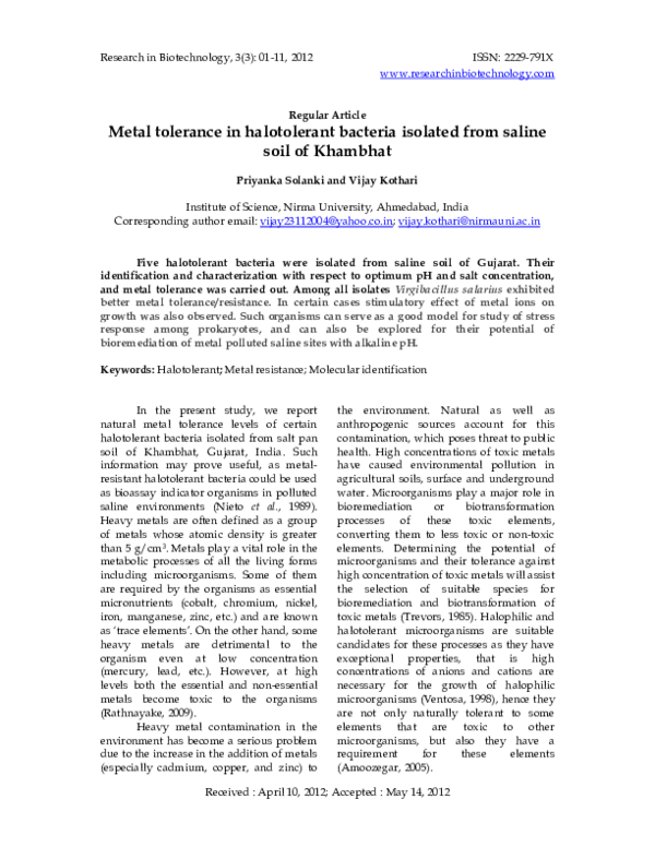 (PDF) Metal tolerance in halotolerant bacteria isolated from saline ...