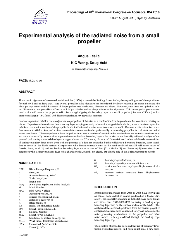 (PDF) Experimental analysis of the radiated noise from a small propeller