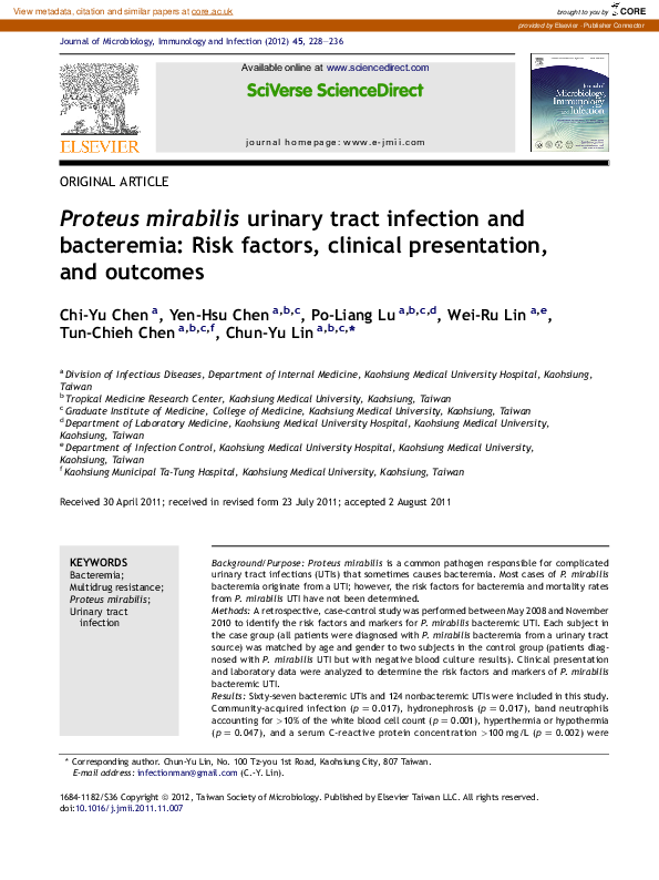 Proteus Mirabilis And Urinary Tract Infections (PDF) Proteus mirabilis urinary tract infection and bacteremia: Risk