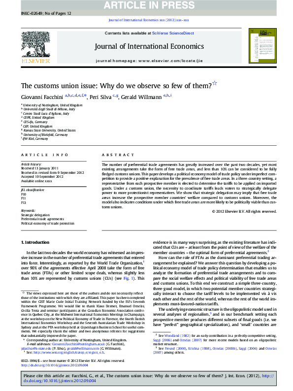 (PDF) The customs union issue: Why do we observe so few of them?
