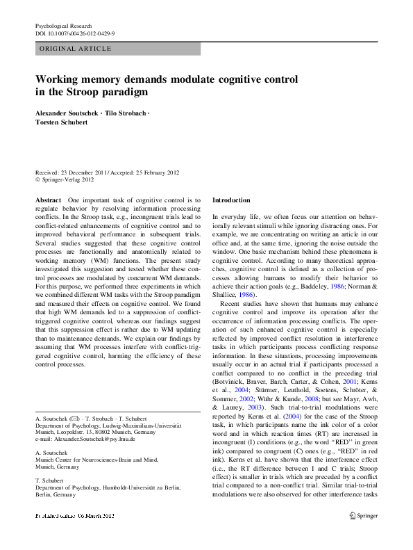 (PDF) Working memory demands modulate cognitive control in the Stroop ...