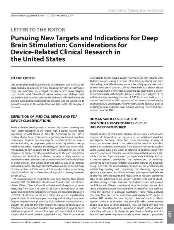 (PDF) Pursuing New Targets and Indications for Deep Brain Stimulation ...