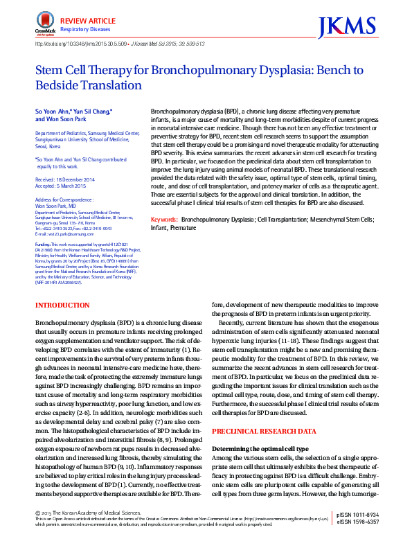 (PDF) Stem Cell Therapy for Bronchopulmonary Dysplasia: Bench to ...