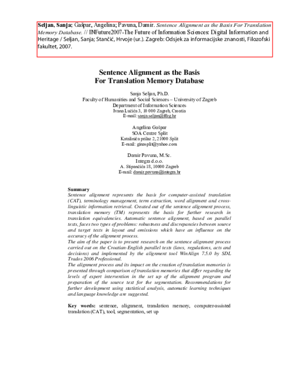 (PDF) Sentence Alignment as the Basis For Translation Memory Database