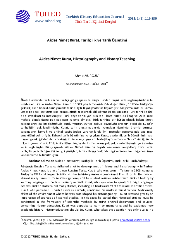 (PDF) Akdes Nimet Kurat, Tarihçilik ve Tarih Öğretimi