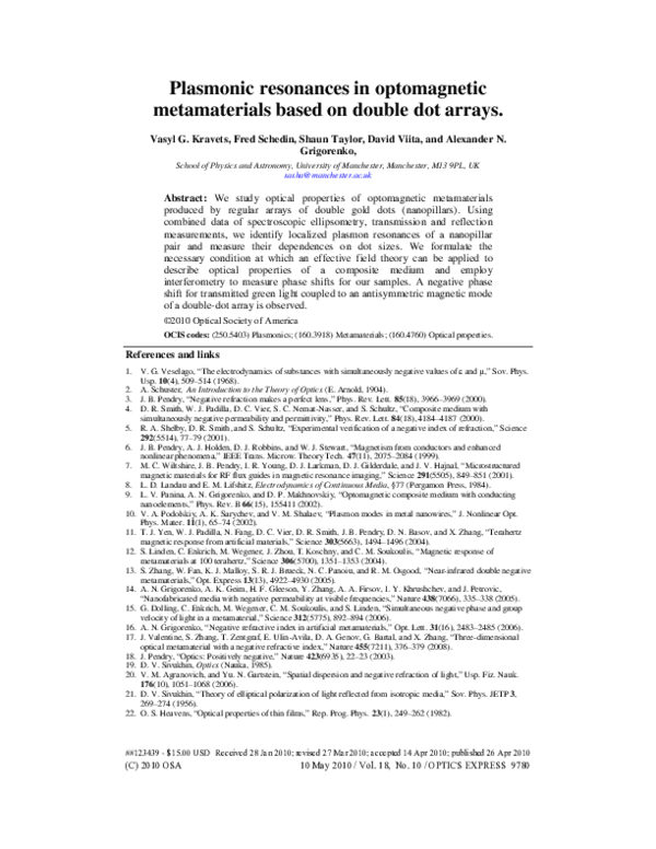 (PDF) Plasmonic resonances in optomagnetic metamaterials based on ...