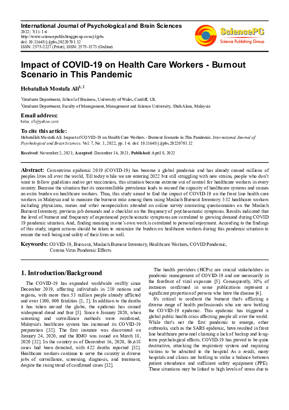 (PDF) Impact of COVID-19 on Health Care Workers -Burnout Scenario in ...