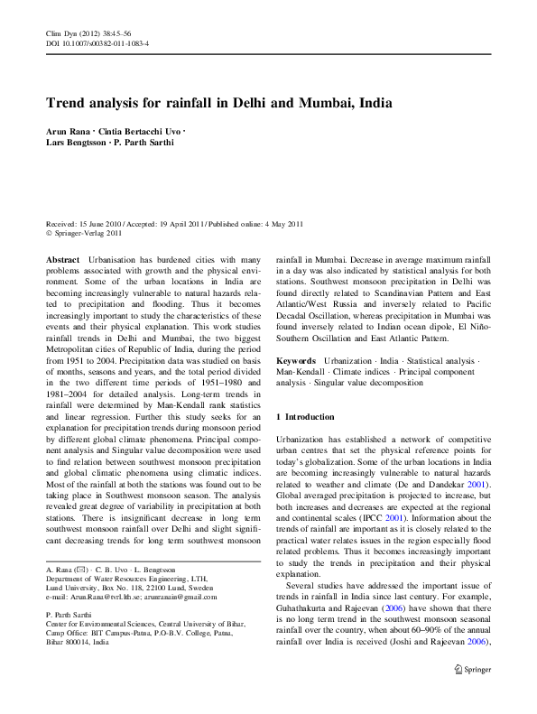 (PDF) Trend analysis for rainfall in Delhi and Mumbai, India