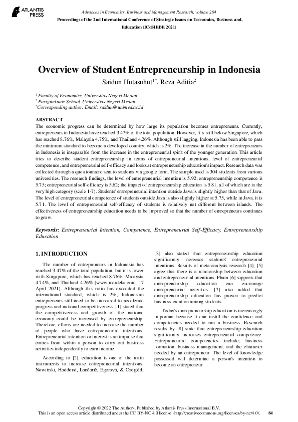 Pdf Overview Of Student Entrepreneurship In Indonesia
