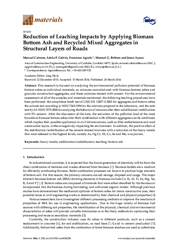 (PDF) Reduction of Leaching Impacts by Applying Biomass Bottom Ash and ...