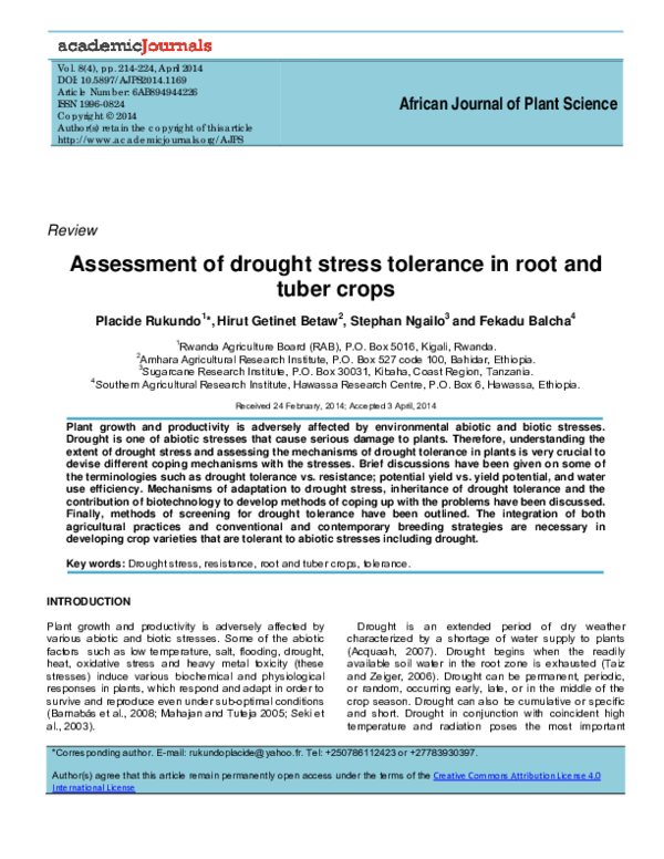 (PDF) Assessment of drought stress tolerance in root and tuber crops ...