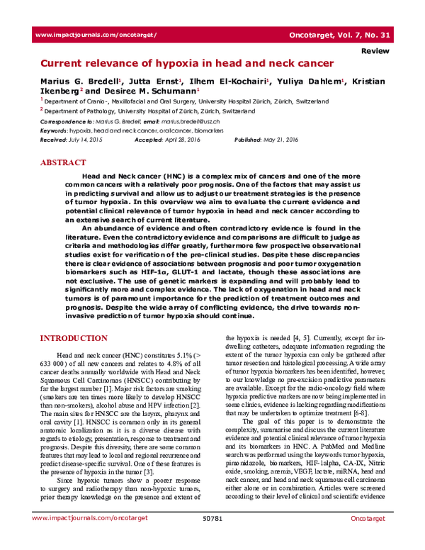 (PDF) Current relevance of hypoxia in head and neck cancer