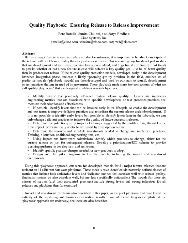 (PDF) Quality Playbook: Ensuring Release to Release Improvement