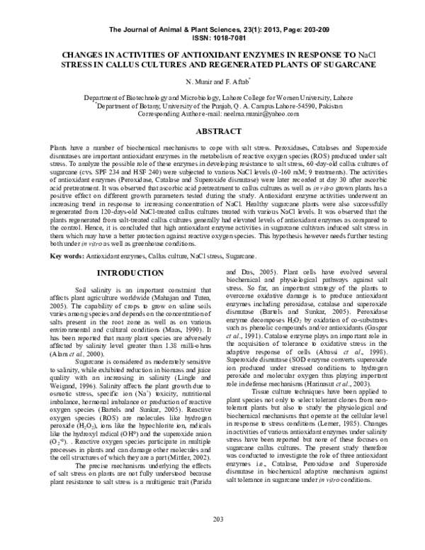 (PDF) Changes in activities of antioxidant enzymes in response to NaCl ...