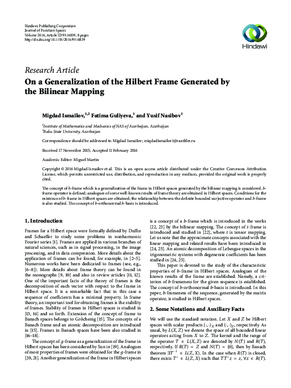 (PDF) On a Generalization of the Hilbert Frame Generated by the ...