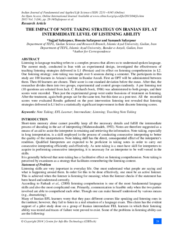 (PDF) The Impact of Note Taking Strategy on Iranian Efl at Intermediate ...