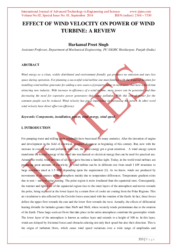 (PDF) Effect of Wind Velocity on Power of Wind Turbine: A Review