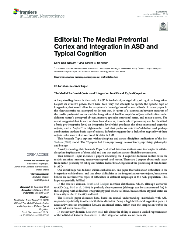 (PDF) Editorial: The Medial Prefrontal Cortex and Integration in ASD ...