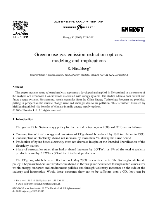 (PDF) Greenhouse gas emission reduction options: modeling and implications