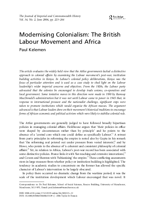 (PDF) Modernising colonialism: The British Labour movement and Africa