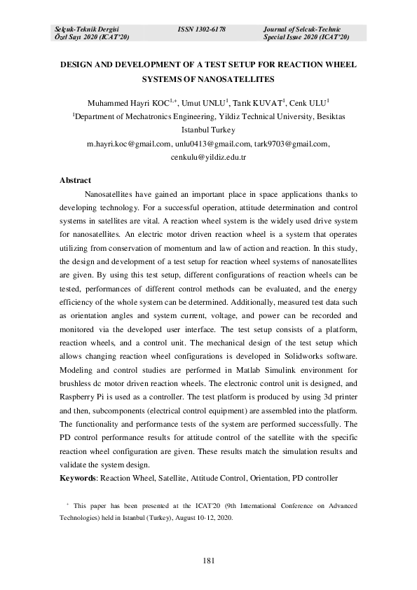 (PDF) Design and Development of a Test Setup for Reaction Wheel Systems ...