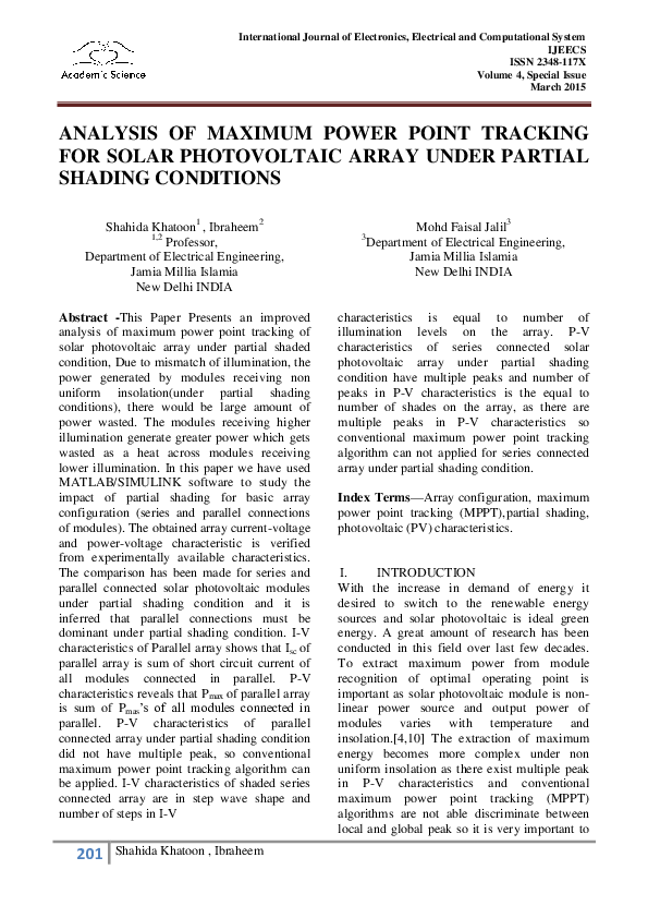 (PDF) Analysis of Maximum Power Point Tracking for Solar Photovoltaic ...