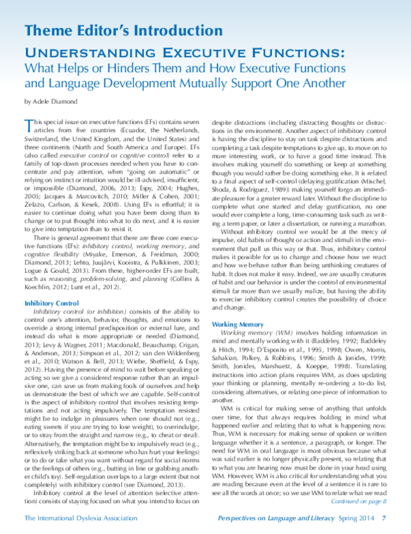 (PDF) UNDERSTANDING EXECUTIVE FUNCTIONS: What Helps or Hinders Them and ...