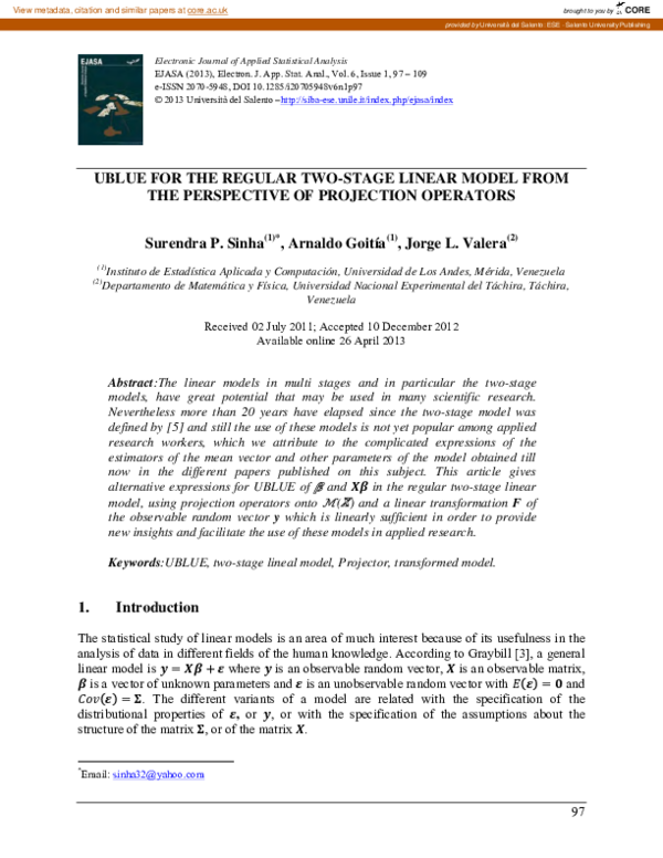 (PDF) UBLUE for the regular two-stage linear model from the perspective ...