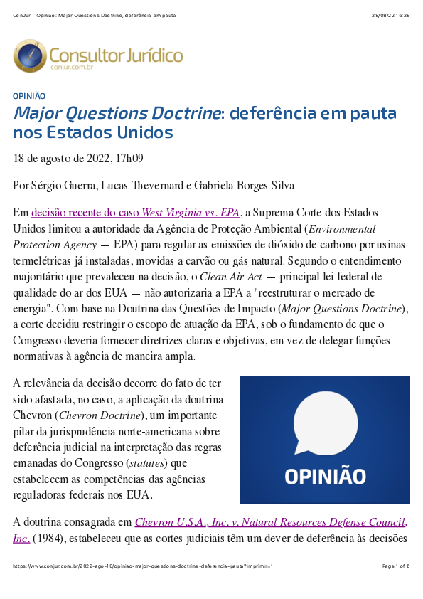 (PDF) Major Questions Doctrine, deferência em pauta