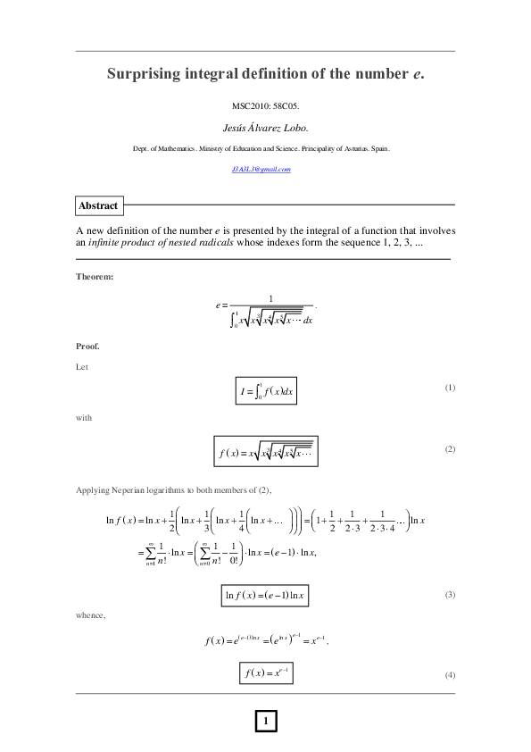 (PDF) Surprising Integral Definition of the Number e