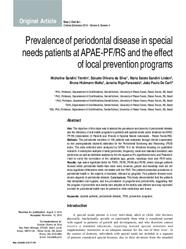 (PDF) Prevalence of periodontal disease in special needs patients at ...