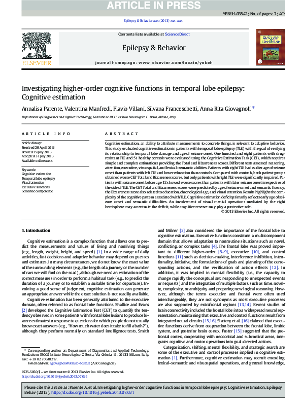 (PDF) Investigating higher-order cognitive functions in temporal lobe ...