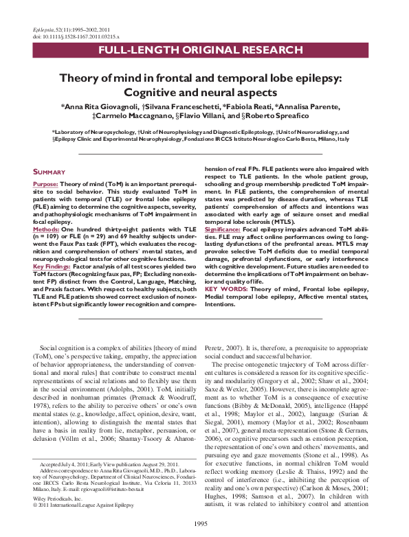 (PDF) Theory of mind in frontal and temporal lobe epilepsy: Cognitive ...