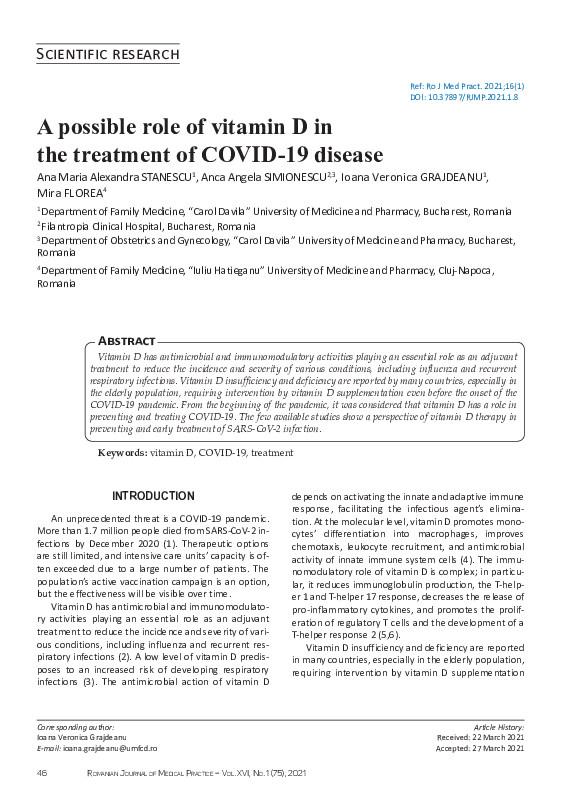 (PDF) A possible role of vitamin D in the treatment of COVID-19 disease