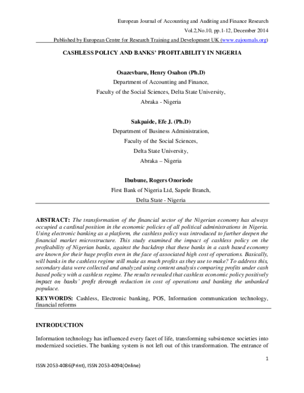 (PDF) Cashless Policy and Banks' Profitability in Nigeria