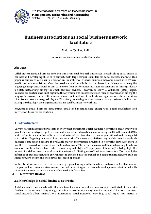 (PDF) Business associations as social business network facilitators