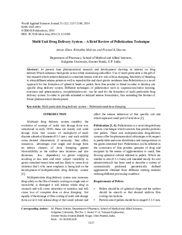 (PDF) Recent Advances in Pelletization Technique for Oral Drug Delivery ...