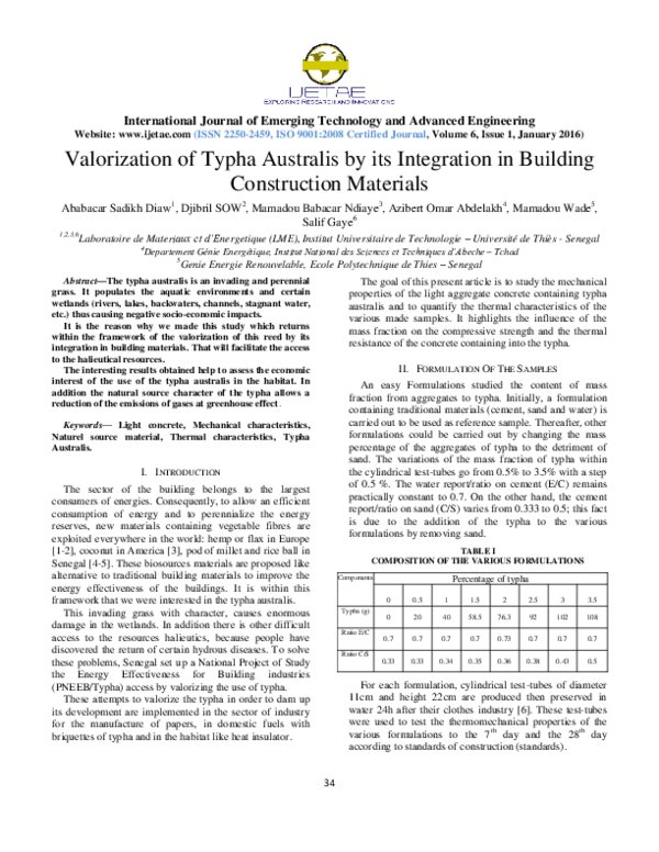 (PDF) Valorization of Typha Australis by its Integration in Building ...