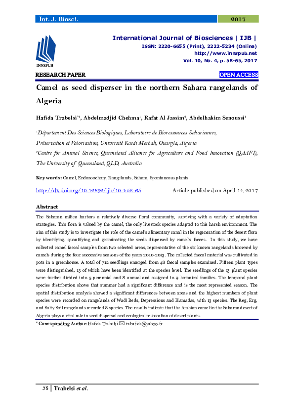 (PDF) Camel as seed disperser in the northern Sahara rangelands of Algeria