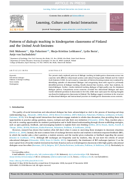 (PDF) Patterns of dialogic teaching in kindergarten classrooms of ...