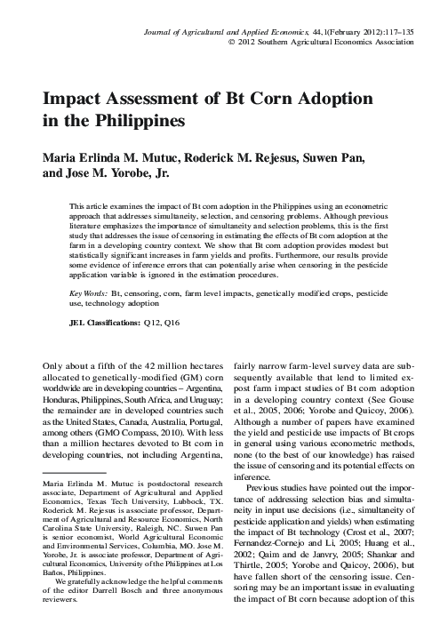 (PDF) Impact Assessment of Bt Corn Adoption in the Philippines