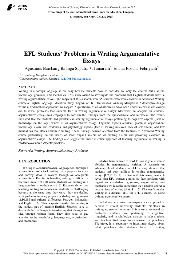 (PDF) EFL Students’ Problems in Writing Argumentative Essays