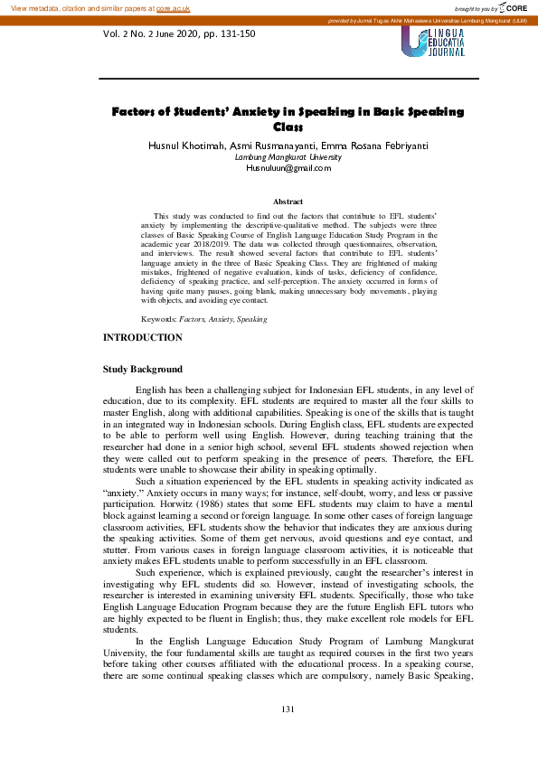 (PDF) Factors of Students’ Anxiety in Speaking in Basic Speaking Class
