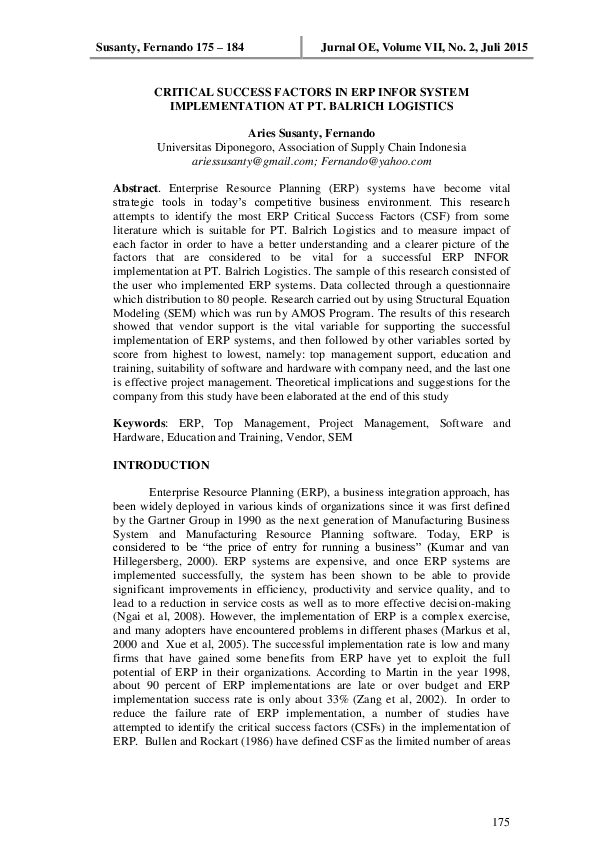 (PDF) Critical Success Factors in Erp Infor System Implementation at Pt ...
