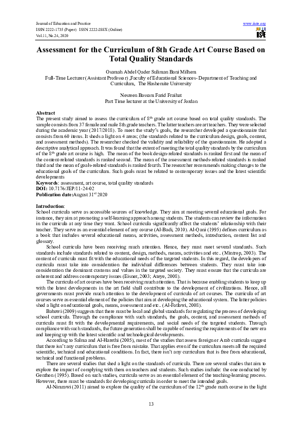 (PDF) Assessment for the Curriculum of 8th Grade Art Course Based on ...